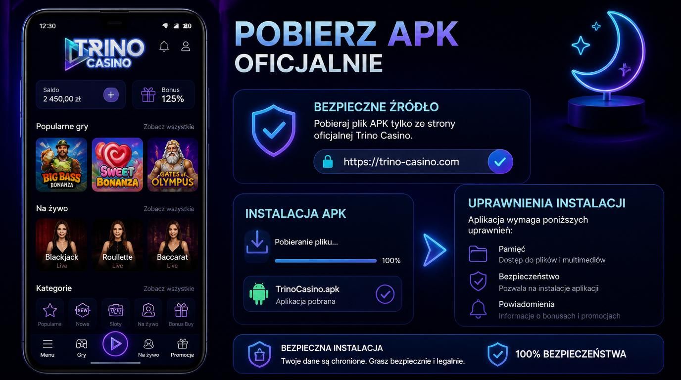 Telefon z Androidem podczas instalacji pliku apk Trino Casino w ciemnym motywie nocnym