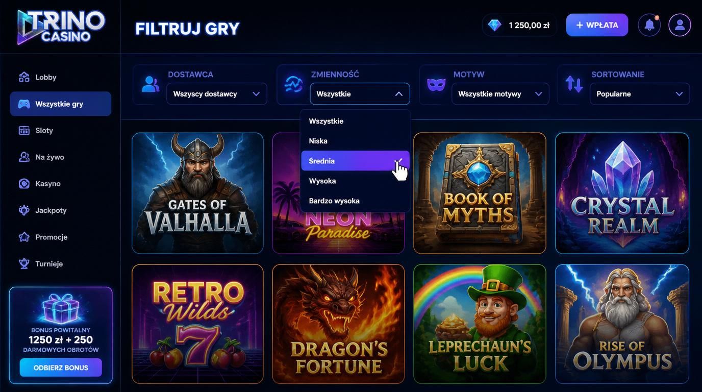 Ekran aplikacji Trino Casino pokazujący rozbudowane filtry gier